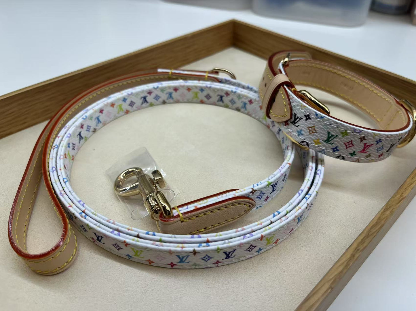 Luxury White Multicolor Monogram Collar for a Stylish Pet